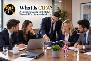 CIFA financial certification institute guide showing UK finance professionals discussing professional education and certification courses.