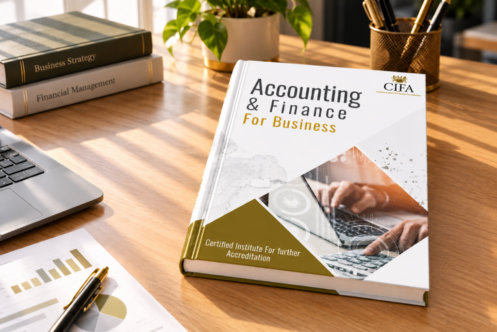CIFA Accounting and Finance for Business course book displayed on a professional wooden desk with financial charts, laptop and business study materials.