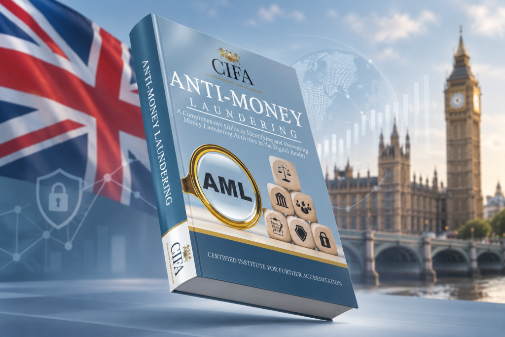 CIFA Anti-Money Laundering course book with AML compliance symbols, UK flag, Big Ben and financial security graphics representing UK finance training.