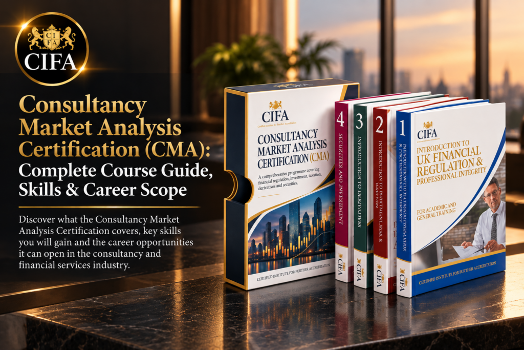 CIFA Consultancy Market Analysis Certification (CMA) course bundle featuring four financial education modules in a professional office setting.