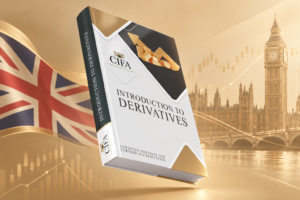 CIFA Introduction to Derivatives course book floating against a gold background featuring UK landmarks, the Union Jack and financial market charts.