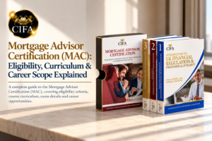 CIFA Mortgage Advisor Certification (MAC) course bundle displayed on a table, featuring professional study books for UK mortgage adviser training.