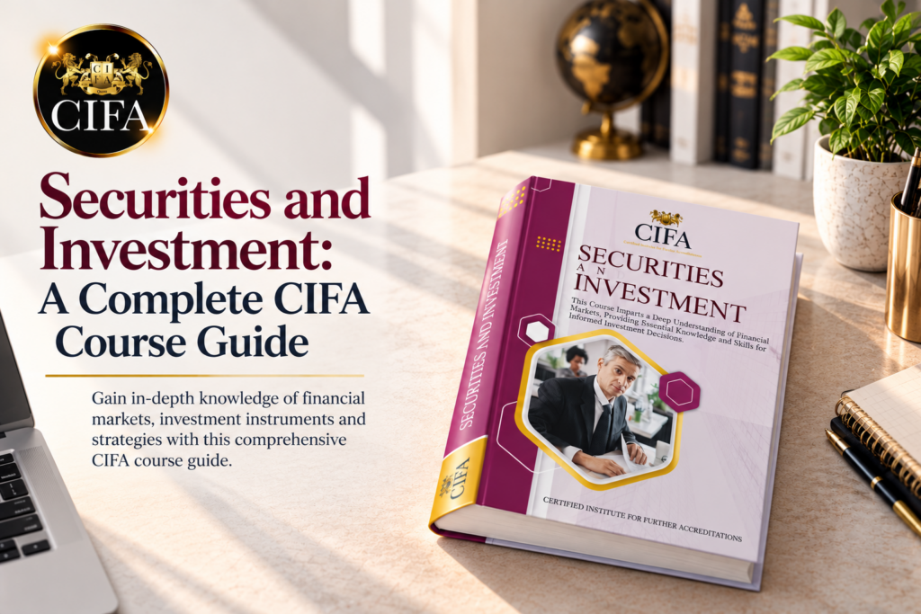 IFA Securities and Investment course guide featuring a professional finance textbook on an elegant office desk with financial education branding.