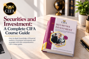IFA Securities and Investment course guide featuring a professional finance textbook on an elegant office desk with financial education branding.