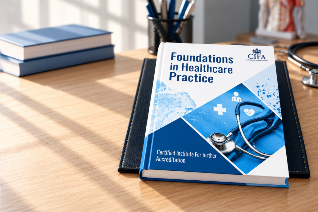 CIFA Foundations in Healthcare Practice course book displayed on a professional desk with blue and white medical-themed cover design.