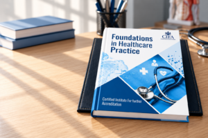 CIFA Foundations in Healthcare Practice course book displayed on a professional desk with blue and white medical-themed cover design.