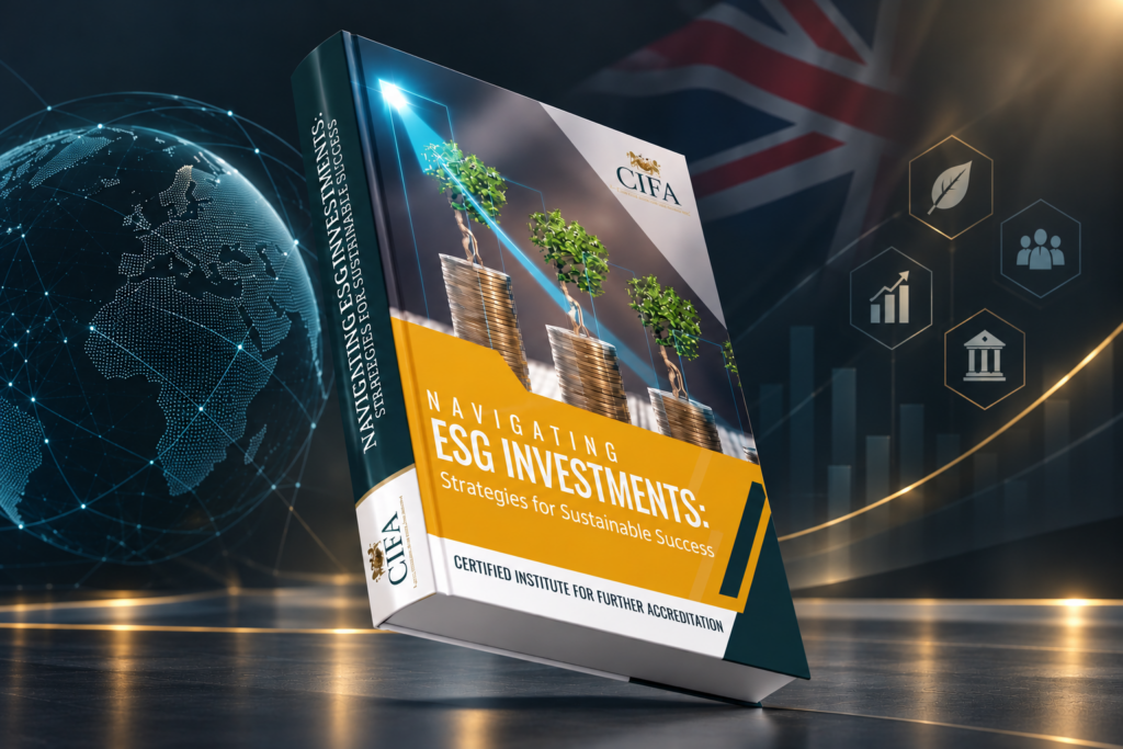 CIFA Navigating ESG Investments course book featuring sustainable finance growth, ESG symbols, digital globe and UK flag on a dark professional background.