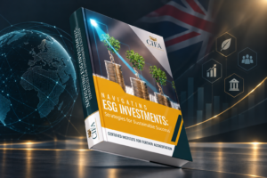 CIFA Navigating ESG Investments course book featuring sustainable finance growth, ESG symbols, digital globe and UK flag on a dark professional background.